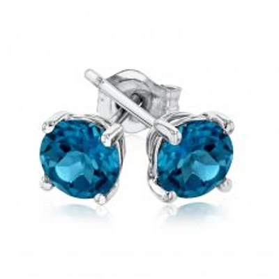 Round London Blue Topaz White Gold Solitaire Stud Earrings