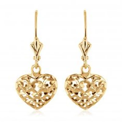 Yellow Gold Diamond-Cut Puffed Heart Leverback Earrings