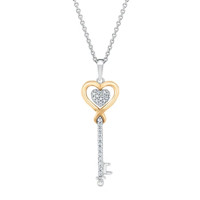 1/10ctw Diamond Two-Tone Heart Key Pendant Necklace