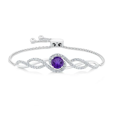 Amethyst and Created White Sapphire Sterling Silver Bolo Bracelet