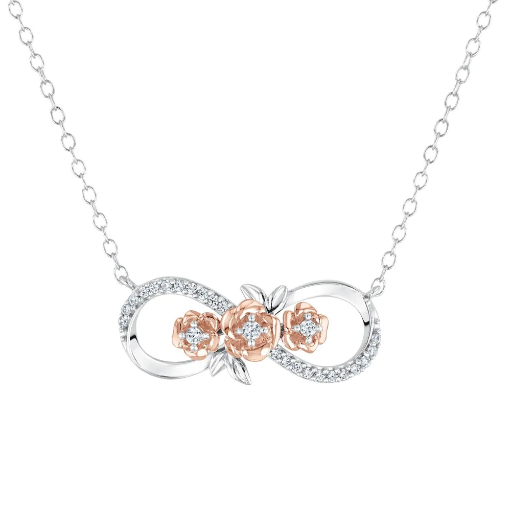 Enchanted Disney Fine Jewelry Belle Infinity and Rose Diamond Necklace 1/6ctw
