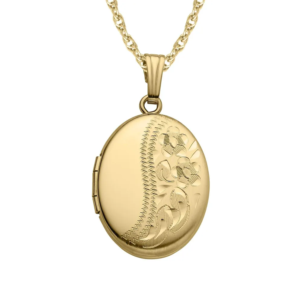 9ct Yellow Gold Engraved Oval Flower Locket Necklace