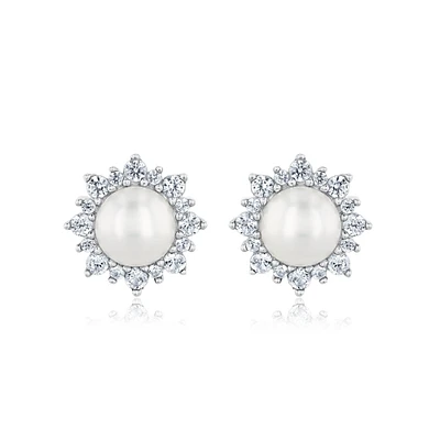 Freshwater Cultured Pearl and Created White Sapphire Stud Earrings