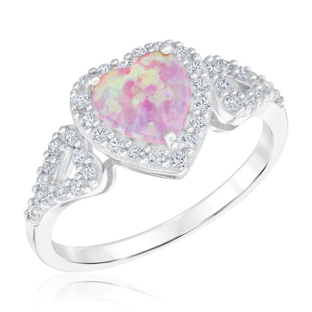 Heart Created Pink Opal and White Sapphire Sterling Silver Ring