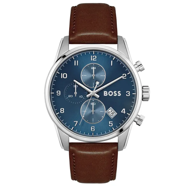 Hugo Boss Skymaster Chronograph Blue Dial Brown Leather Strap Watch | 44mm  | 1513940 | Bridge Street Town Centre
