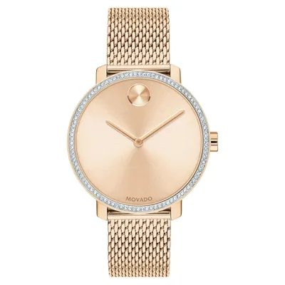 Ladies' Movado BOLD Crystal Bezel Rose Gold-Tone Stainless Steel Mesh Bracelet Watch 3600657