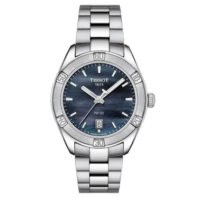 Tissot T-Classic PR 100 Sport Chic Black Mother-of-Pearl Dial and Stainless Steel Bracelet Watch | 36mm | T1019101112100