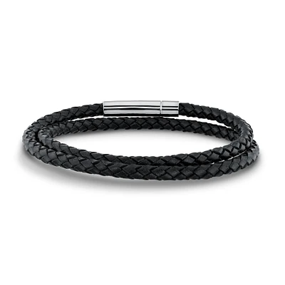 Men's Braided Black Leather Double-Wrap Bracelet