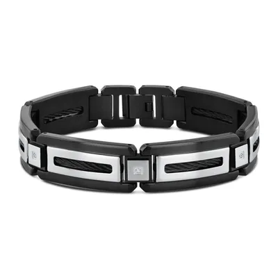 Men's Diamond and Stainless Steel Bracelet with Black Cable Inlay 1/20ctw