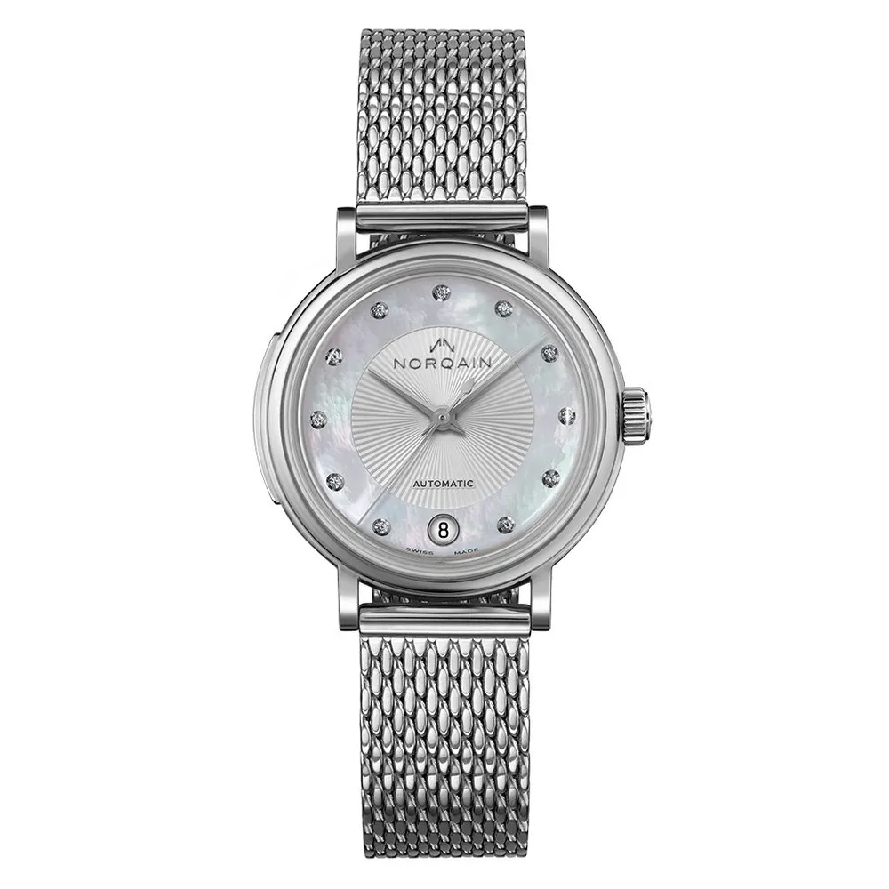 NORQAIN Freedom 60 Mother-of-Pearl Diamond Dial Milanaise Stainless Steel Automatic Watch | 34mm | N2800S82A/M28D/281S