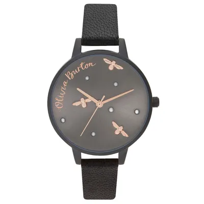 Olivia Burton Pearly Queen Rose Gold-Tone and Matte Black Leather Watch OB16PQ02