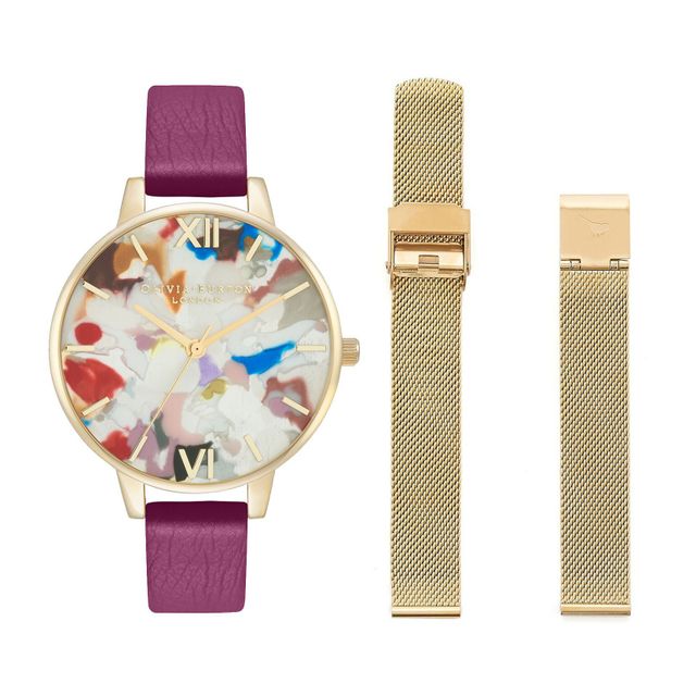 Olivia Burton Pop Art Demi Dial, Orchid Eco Vegan Strap, and Pale Gold-Tone Mesh Bracelet Watch Gift Set | 34mm | OBGSET153