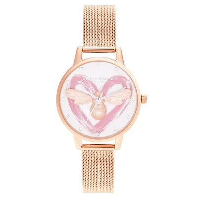 Olivia Burton You Have My Heart Lucky Bee Rose Gold Ion-Plated Mesh Bracelet Watch OB16FB01
