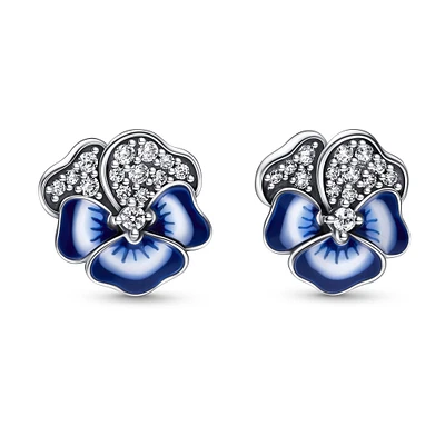 Pandora Blue Pansy Flower Stud Earrings