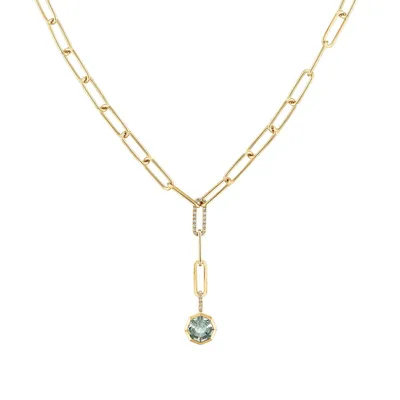 Octagon Green Quartz and 1/10ctw Diamond Yellow Gold Necklace, Limited Edition