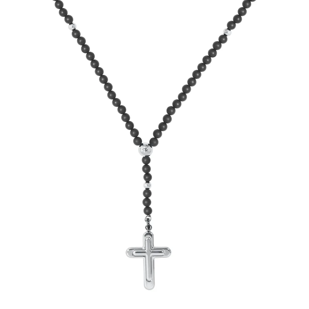 Black Rosary Necklace with silver cross and cubic zirconia. In 2 Length. |  Maiden-Art