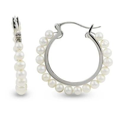 Sterling Silver Freshwater Cultured Pearl Hoop Earrings, 30mm