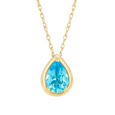 Swiss Blue Topaz Pear Yellow Gold Pendant Necklace