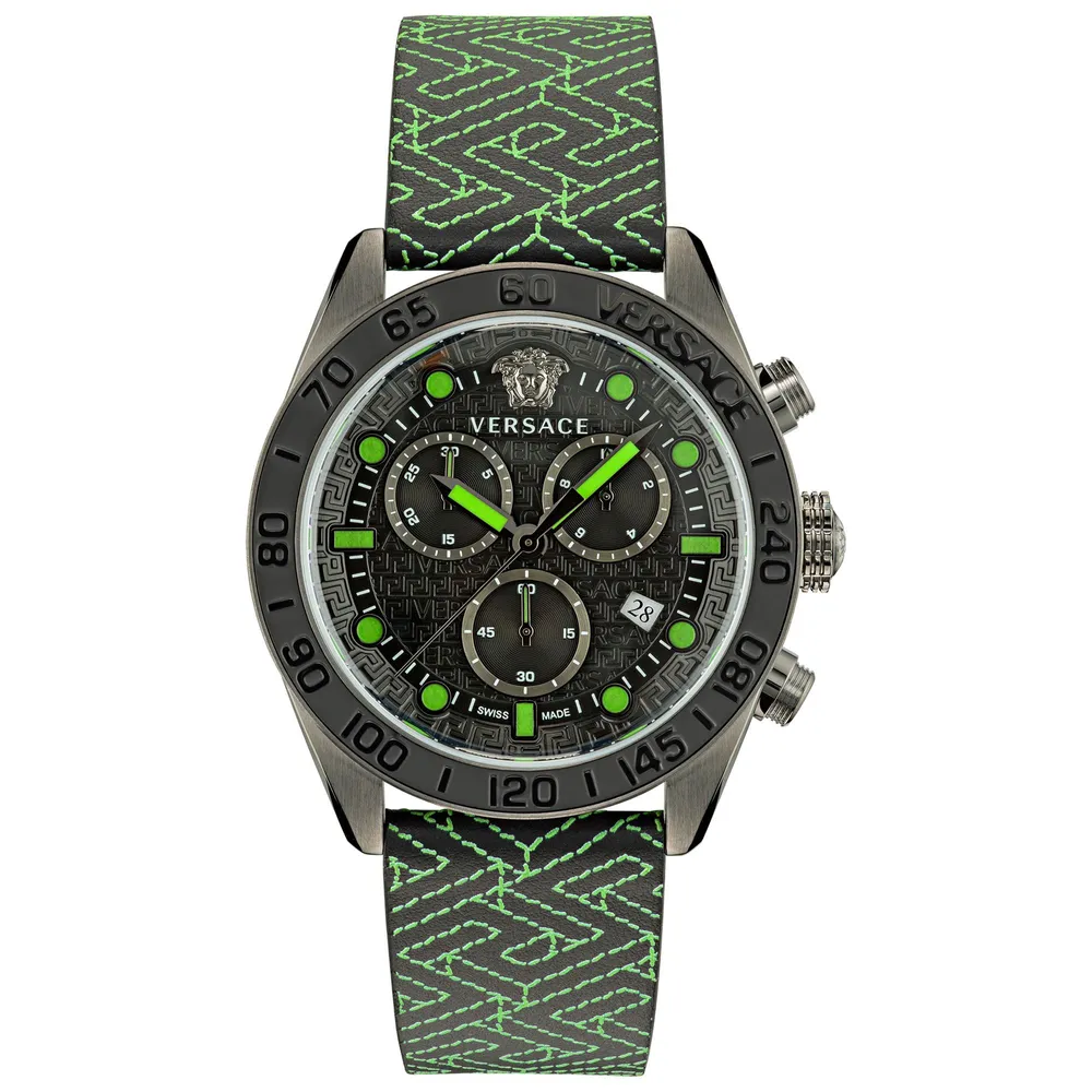 Versace Greca Dome Chrono Black and Green Leather Strap Watch | 43mm |  VE6K00223 | Bridge Street Town Centre