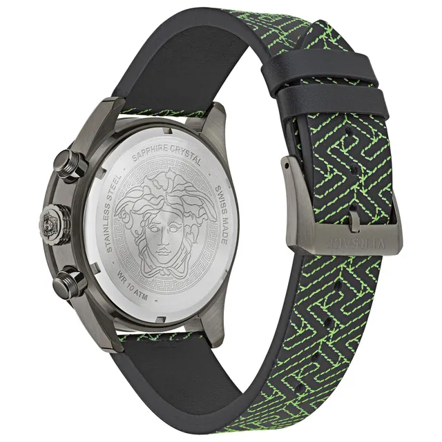 Versace Greca Dome Chrono Black and Green Leather Strap Watch | 43mm |  VE6K00223 | Bridge Street Town Centre