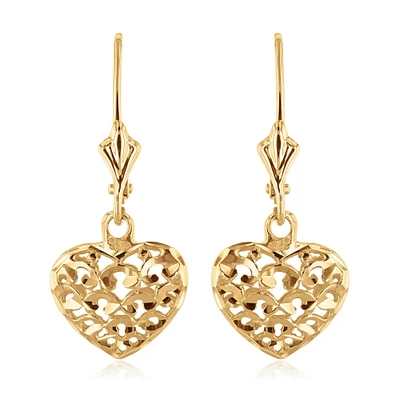 Yellow Gold Diamond-Cut Puffed Heart Leverback Earrings