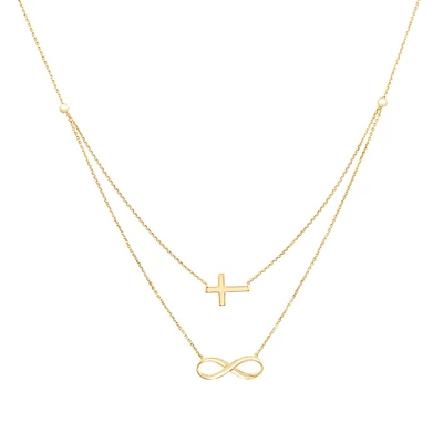 Yellow Gold Infinity and Cross Layered Necklace