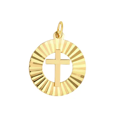 Yellow Gold Solid Cross Radiant Medallion Pendant | 13mm