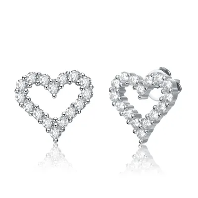 SV Sterling Silver with 1ctw Lab Created Moissanite French Pave Heart Halo Stud Earrings