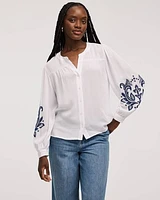 Buttoned-Down Loose Blouse with Crew Neckline