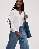 Buttoned-Down Loose Blouse with Crew Neckline