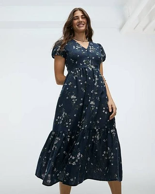 Short-Sleeve V-Neck Buttoned-Down Maxi Dress