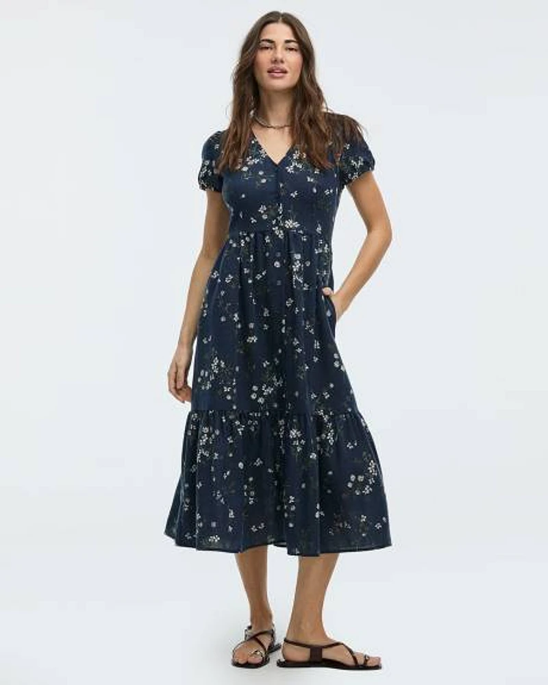 Robe maxi à boutonner manches courtes et col V