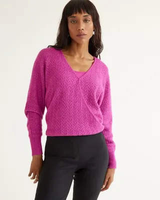 Long-Sleeve Wrap V-Neck Sweater with Pointelle Stitches