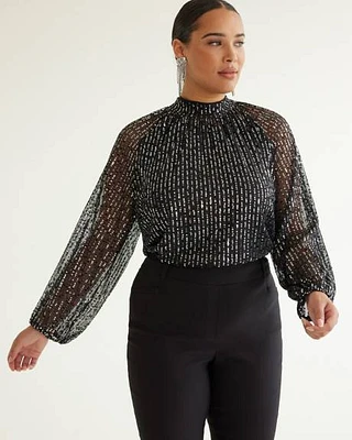 Long-Sleeve Mock-Neck Sequins Top