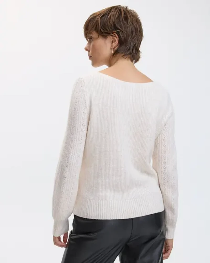 Long-Sleeve Boat-Neck PlushSoft Sweater with Fancy Stitches