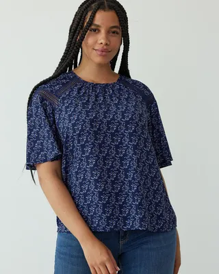 Short-Flutter-Sleeve Blouse with Lace Inserts