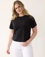 Short-Sleeve Eyelet Top with Crew Neckline