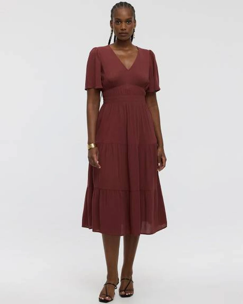 Short-Flutter-Sleeve V-Neck Tiered Midi Dress