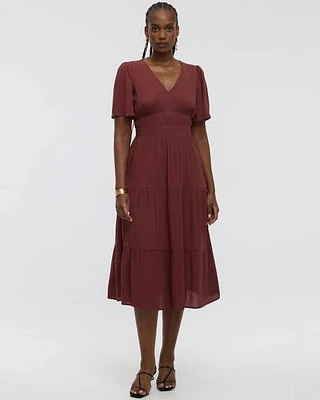 Short-Flutter-Sleeve V-Neck Tiered Midi Dress