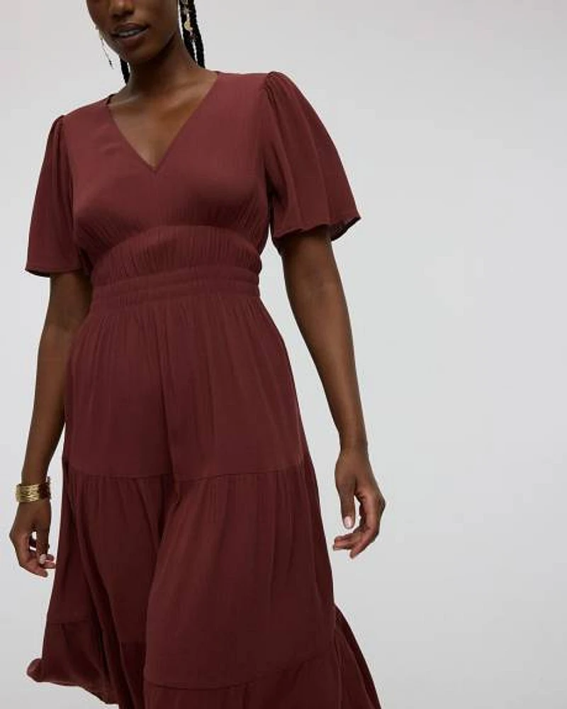 Short-Flutter-Sleeve V-Neck Tiered Midi Dress