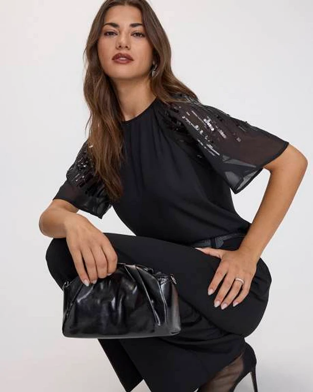 Crew-Neck Loose Blouse with Sequin Short Sleeves