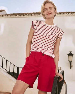 Striped Short-Sleeve Crew-Neck Tee with Shirred Sides