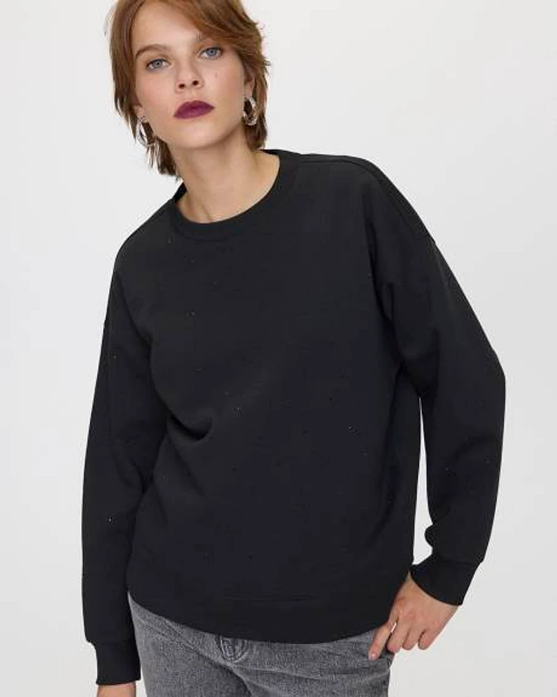 Crew-Neck Sweatshirt with Rhinestones