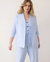 Open Linen Blazer with Ruched Sleeves