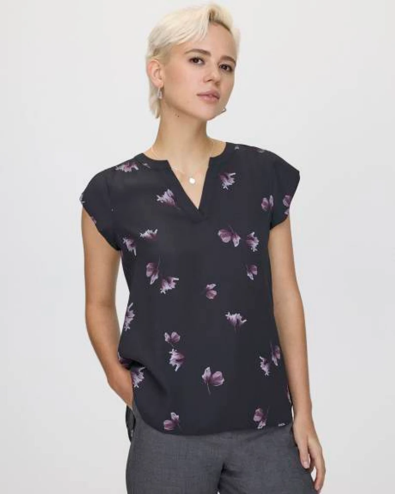 Cap-Sleeve Blouse with Split Neckline