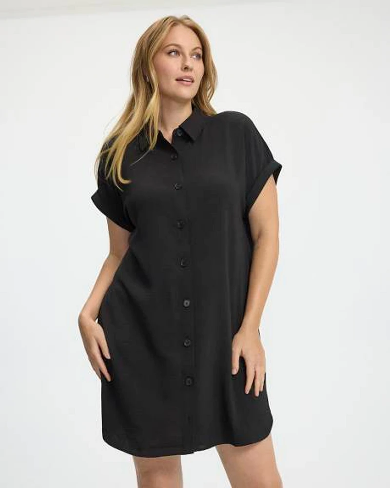 Short-Sleeve Buttoned-Down Dress with Shirt Collar