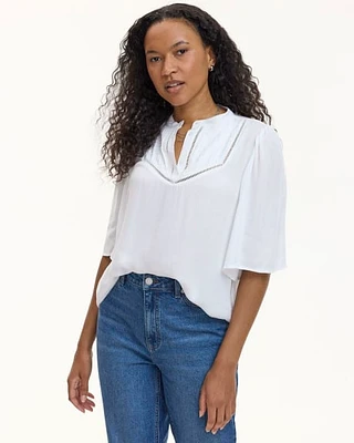 Short-Sleeve Loose Blouse with Pintuck and Fagoted Details