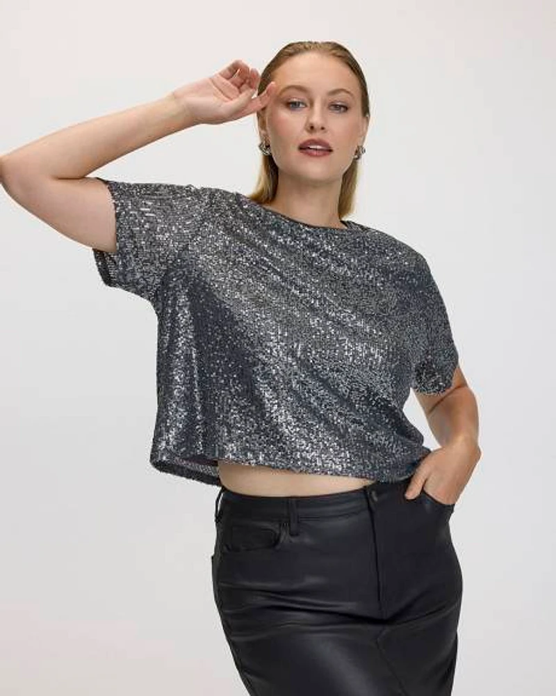 Short-Sleeve Crew-Neck Sequins Top