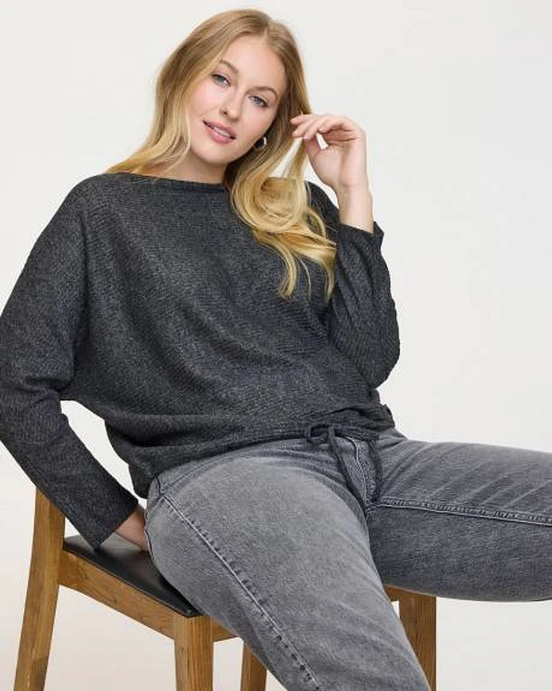 Long-Sleeve Boat-Neck Ribbed Sweater with Drawstring