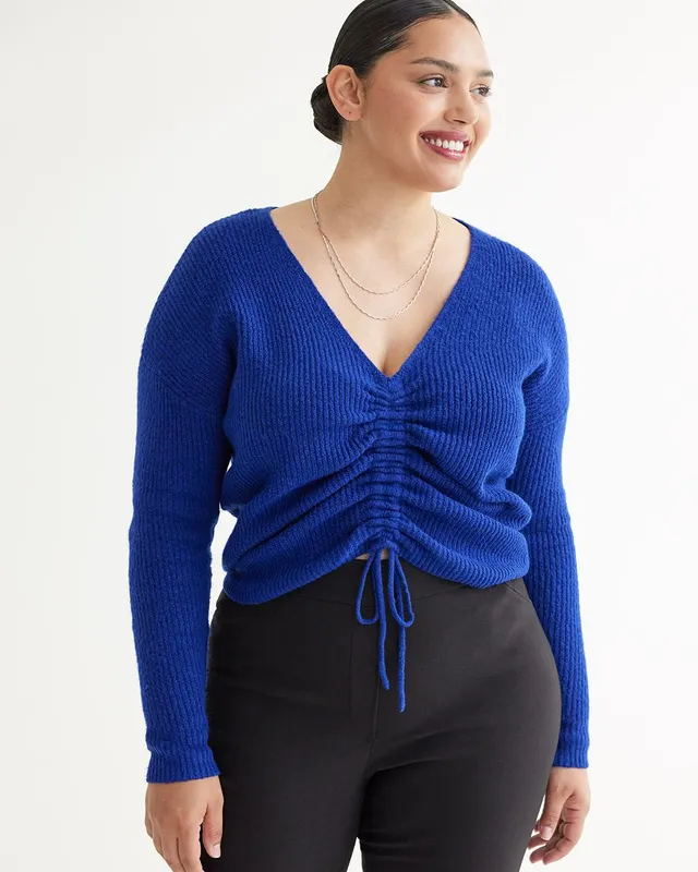 Long-Sleeve V-Neck Sweater with Drawstring at Front, Regular